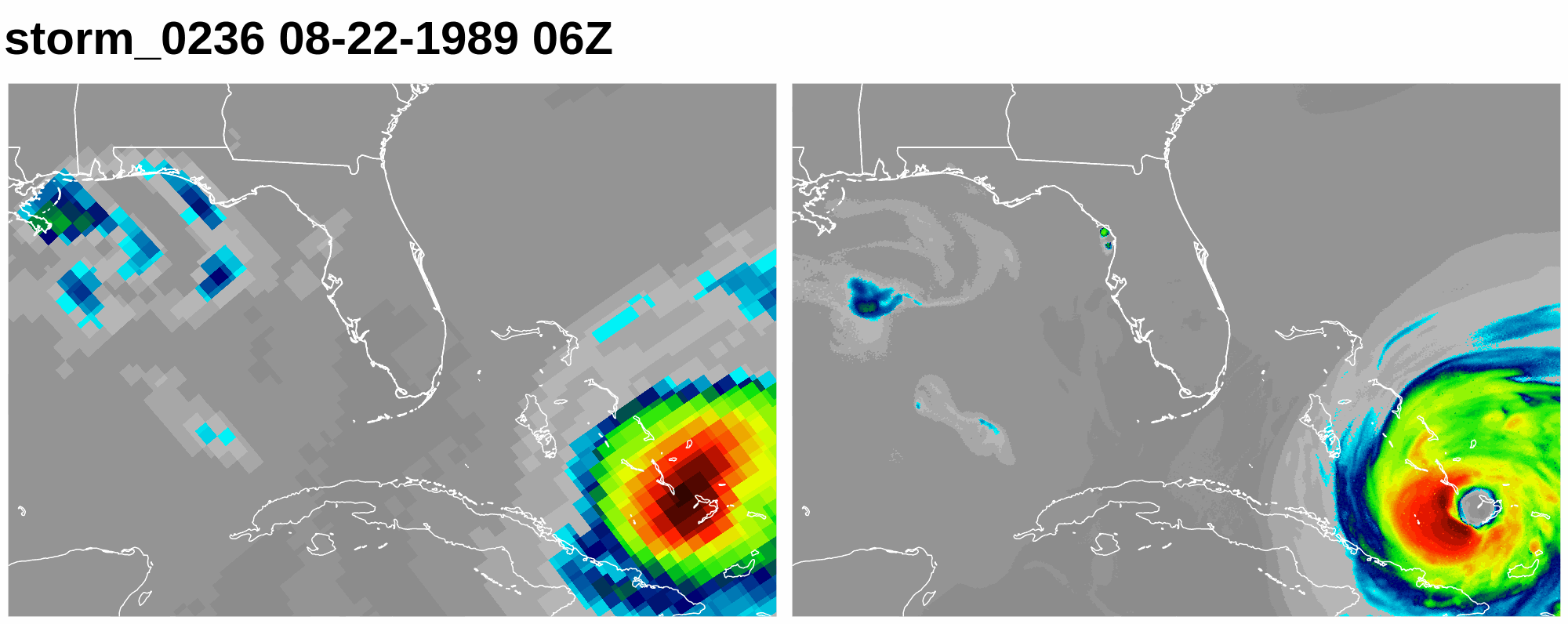 Gif of two synthetic landfalling hurricanes, one at 28km and one at 3km grid spacing.